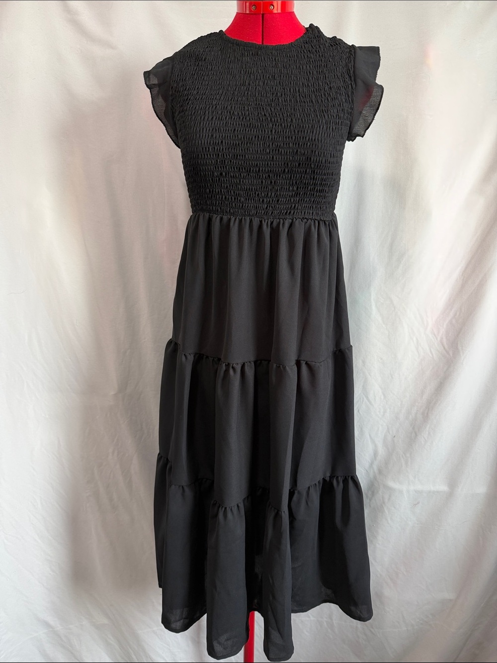 Smocked Bodice Black Maxi Dress with Tiered Skirt